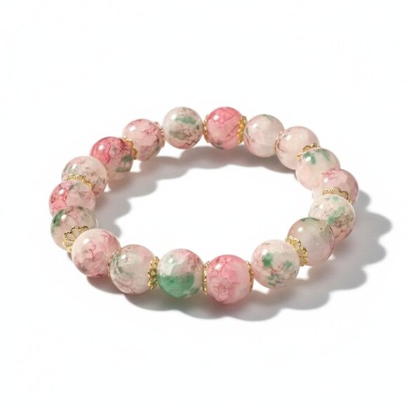 Crackled Glass Ombre Cherry Blossom Bracelet With Gold Accents Elastic Fit 6.5-7 - Picture 2 of 9